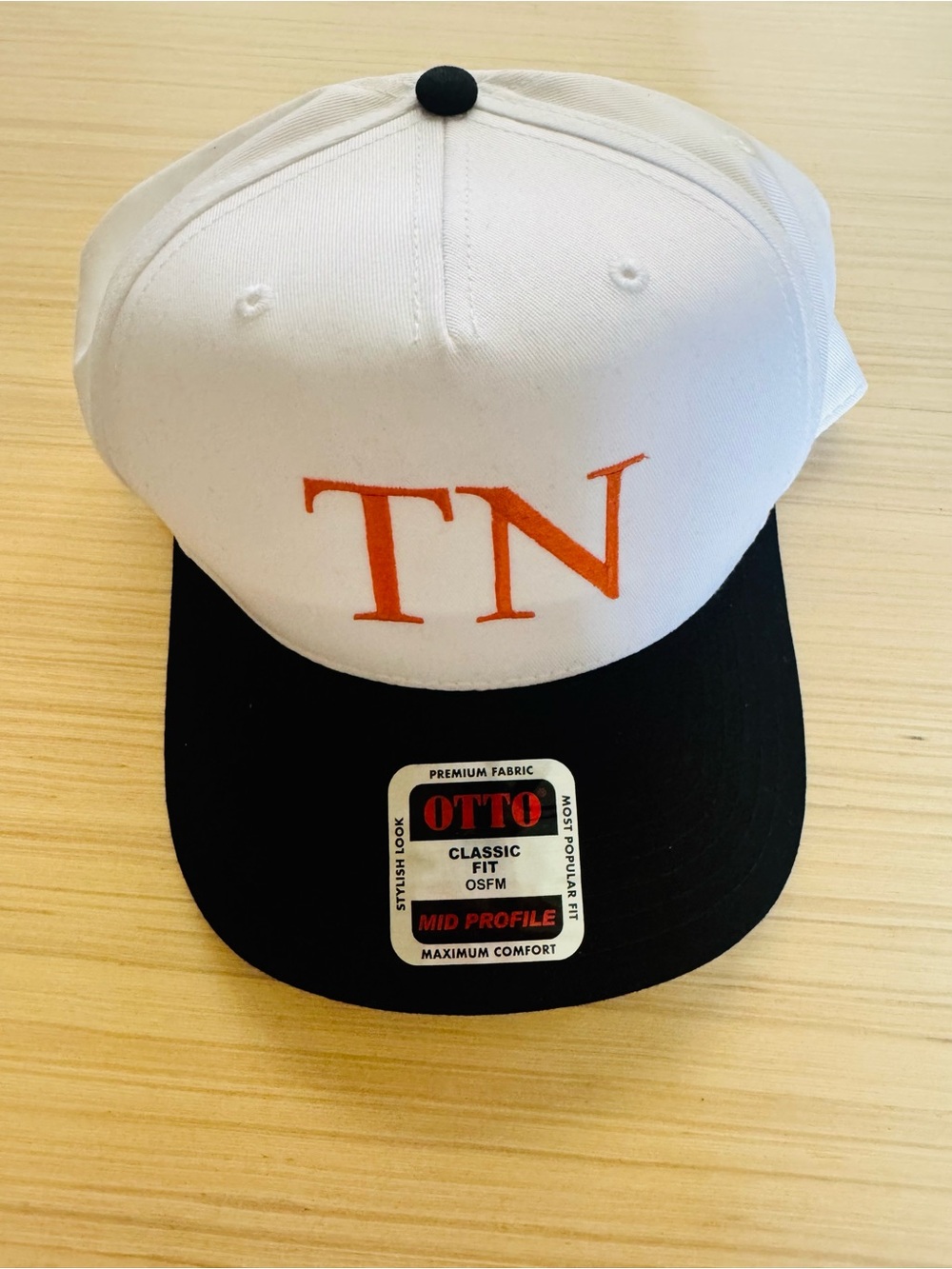 New Otto TN Embroidered Baseball Cap - Orange Lettering White W Black Bill